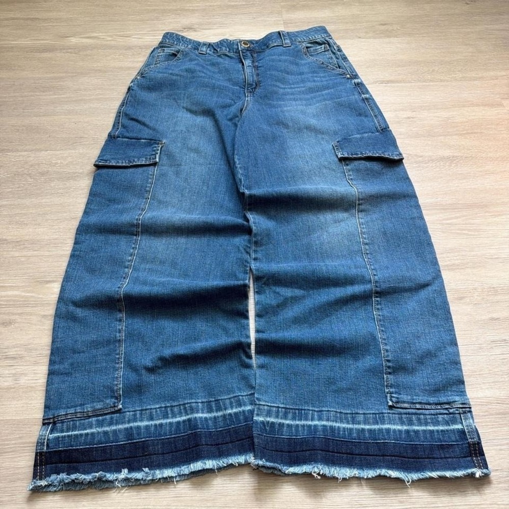32x28 Blue Denim Cargo Y2K Wide Leg Pants 12" Leg Opening